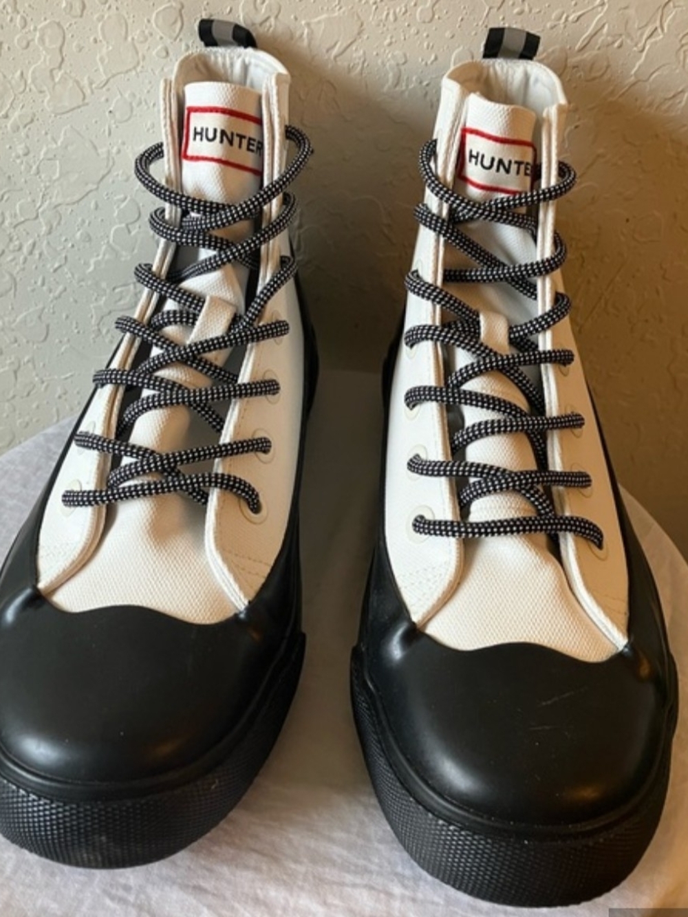 Hunter White and Black High-Top Lace-Up Sneakers